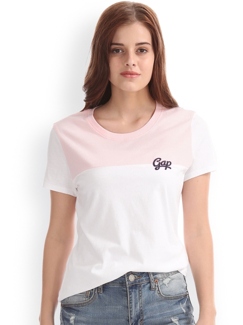 

GAP Women White & Pink Short Sleeve Colour Block T-shirt