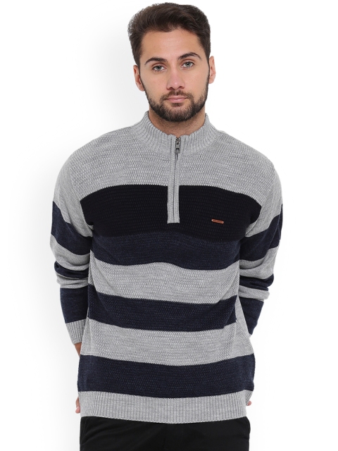 

Duke Men Grey & Navy Blue Striped Pullover