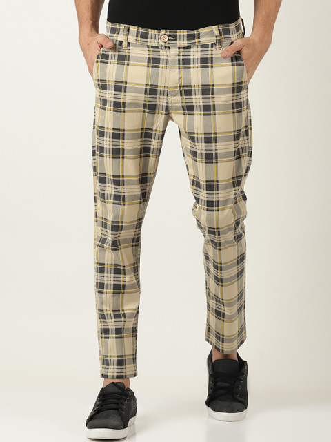 

Blue Saint Men Beige & Black Slim Fit Checked Regular Trousers