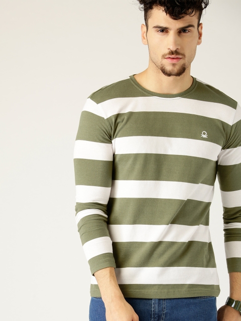 

United Colors of Benetton Men Olive Green Striped Round Neck T-shirt