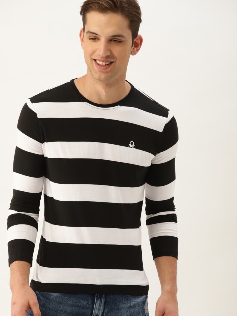 

United Colors of Benetton Men White & Black Striped Round Neck T-shirt