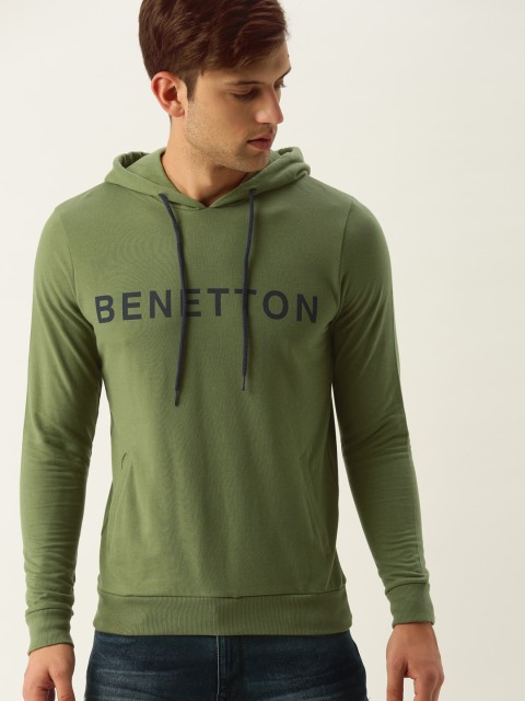 

United Colors of Benetton Men Olive Green Printed Hooded Sweatshirt