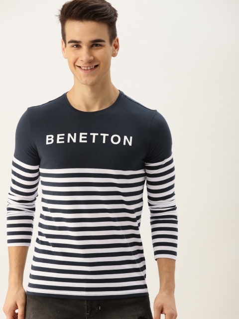 

United Colors of Benetton Men Navy Blue & White Striped T-shirt