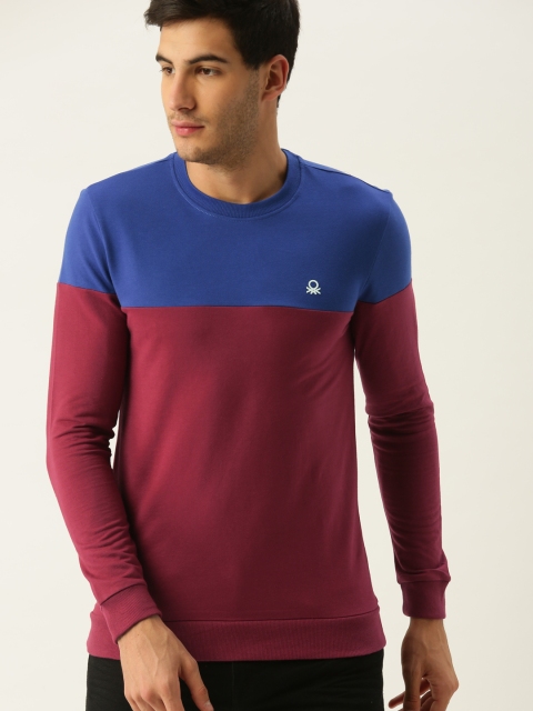 

United Colors of Benetton Men Maroon & Blue Colourblocked Sweatshirt