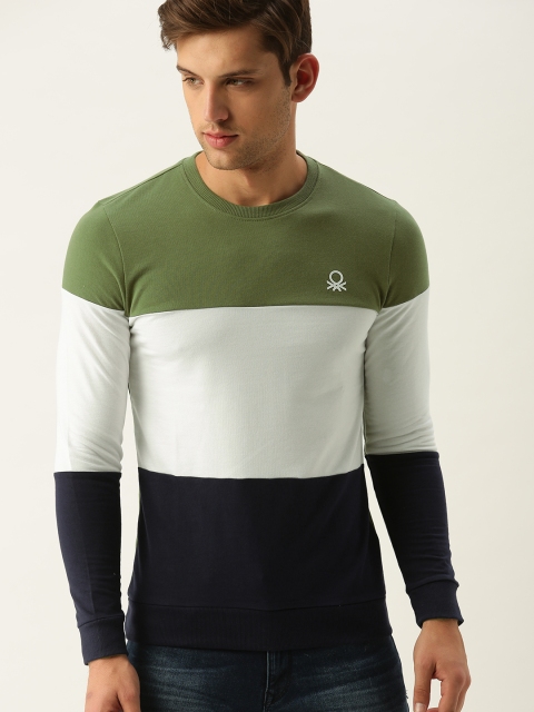 

United Colors of Benetton Men Olive Green & White Colourblocked Sweatshirt