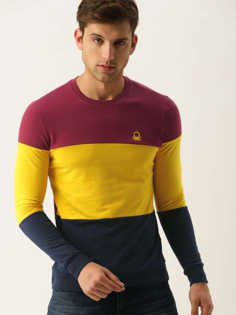 

United Colors of Benetton Men Maroon & Yellow Colourblocked Sweatshirt