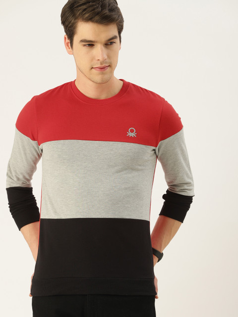 

United Colors of Benetton Men Red & Grey Colourblocked Sweatshirt