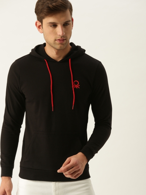 

United Colors of Benetton Men Black Solid Hooded Sweatshirt
