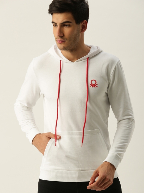 United Colors of Benetton Men White Solid Hooded Sweatshirt