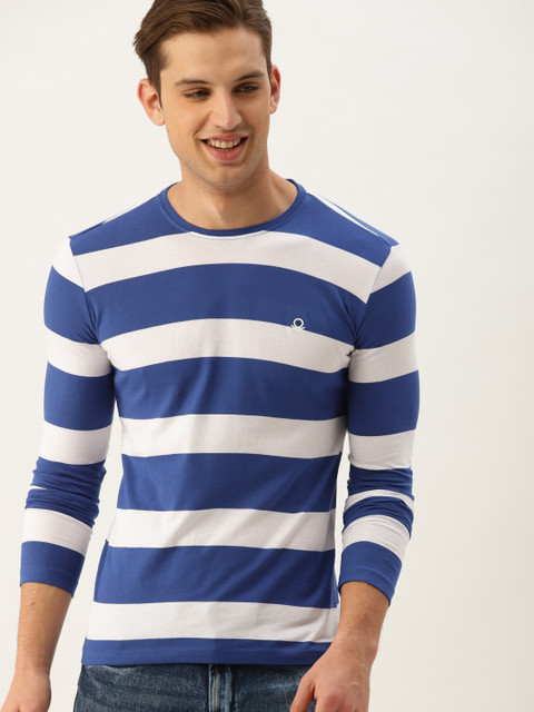 

United Colors of Benetton Men Blue & White Striped Round Neck T-shirt