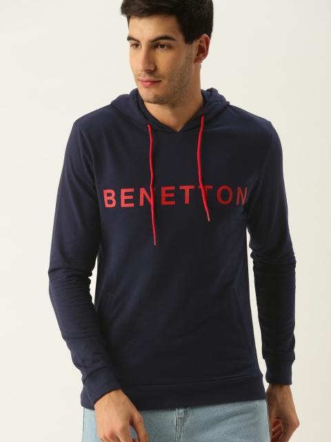 

United Colors of Benetton Men Navy Blue Printed Hooded Sweatshirt
