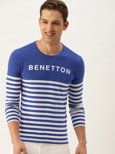 

United Colors of Benetton Men Blue Striped Round Neck T-shirt