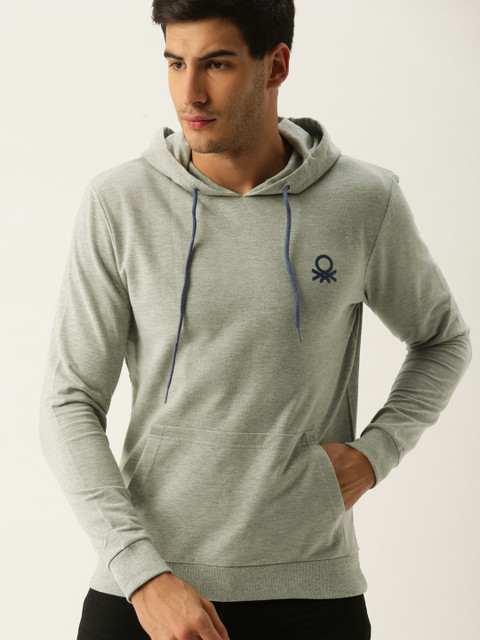 

United Colors of Benetton Men Grey Solid Hooded Sweatshirt