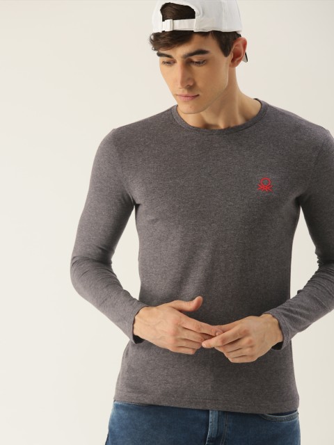 

United Colors of Benetton Men Grey Melange Solid Round Neck T-shirt
