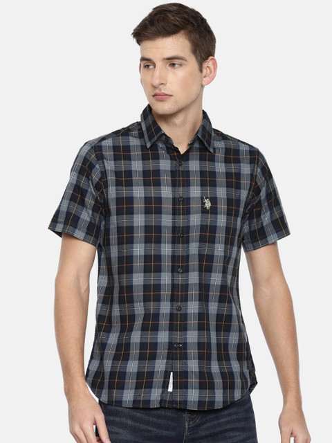 

U.S. Polo Assn. Men Charcoal Grey & Navy Regular Fit Checked Casual Shirt
