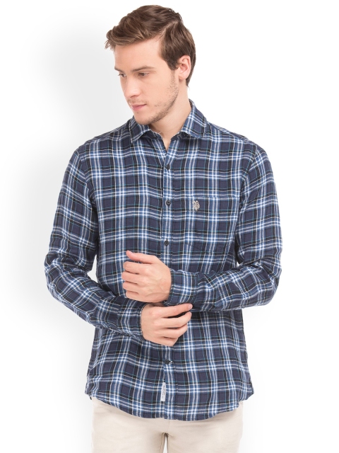

U.S. Polo Assn. Men Navy Blue Tailored Fit Checked Linen Casual Shirt