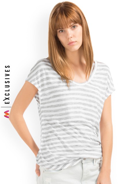 

GAP Women Grey Cap Sleeve Stripe Top