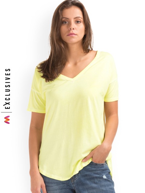 

GAP Women Yellow Vintage Wash Double V-Neck Pure Cotton Top