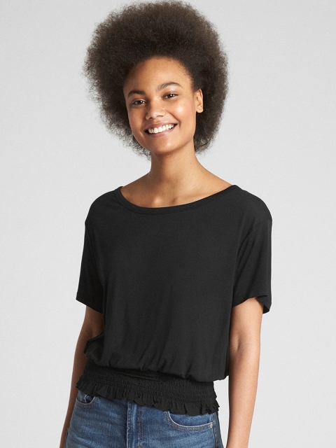

GAP Women Black Short Sleeve Smocked Hem Top
