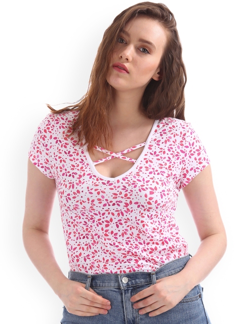 

GAP Women White & Pink V Neck Printed Top