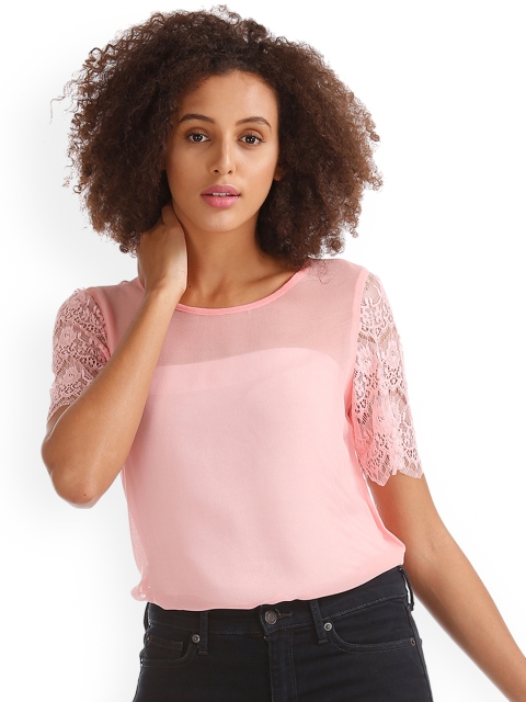 

GAP Women Pink Lace Sleeve Top