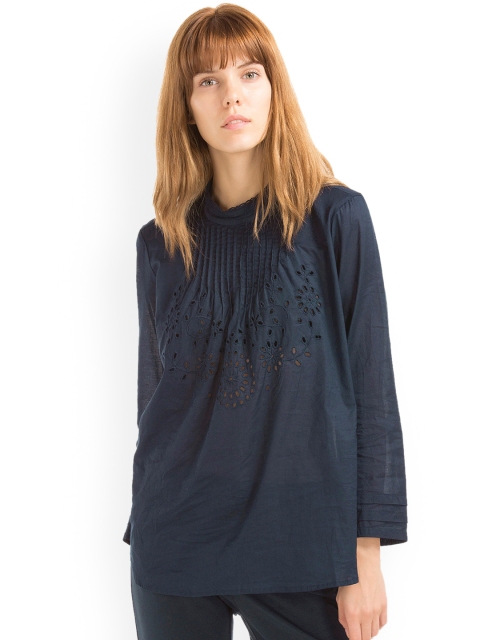 

GAP Women Blue Eyelet Victorian Pure Cotton Top, Navy blue