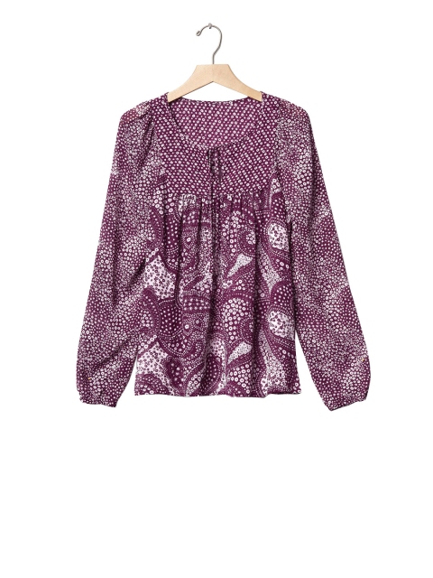 

GAP Women Purple Tie Up Neck Print Top