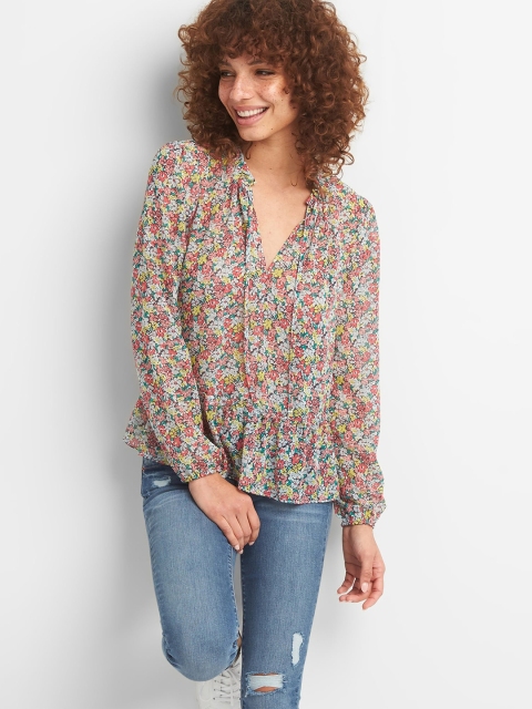 

GAP Women Multi-Coloured Ruffle Hem Floral Print Top