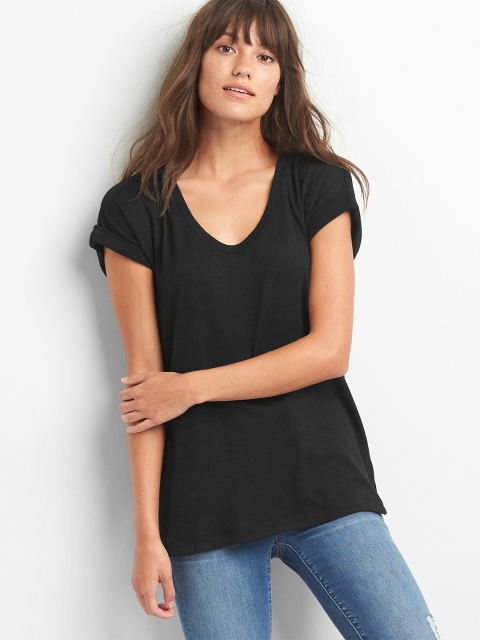 

GAP Women Black Softspun Roll Sleeve Top
