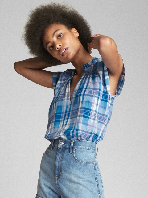 

GAP Women Blue Checked A-Line Pure Cotton Top