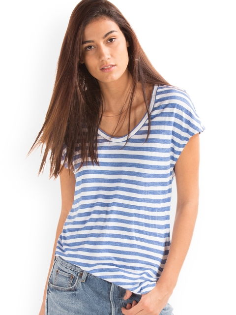 

GAP Women Blue Cap Sleeve Stripe Top
