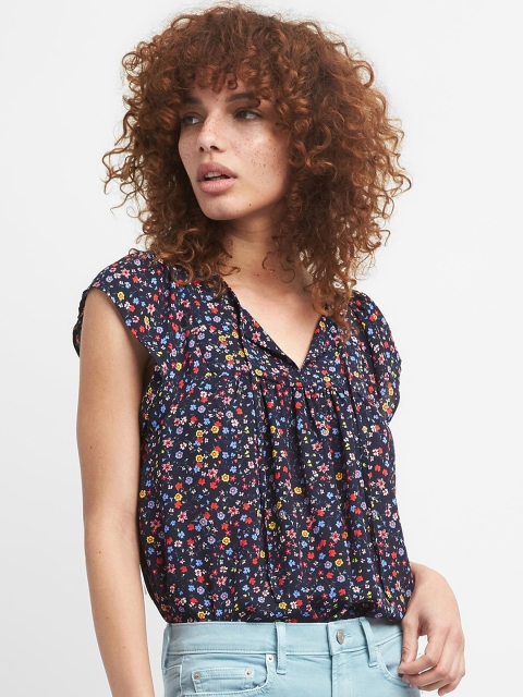 

GAP Women Navy Blue Short Sleeve Tie Neck Floral Print Top