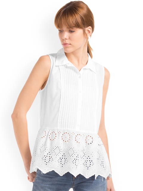 

GAP Women White Eyelet Peplum Pure Cotton Top