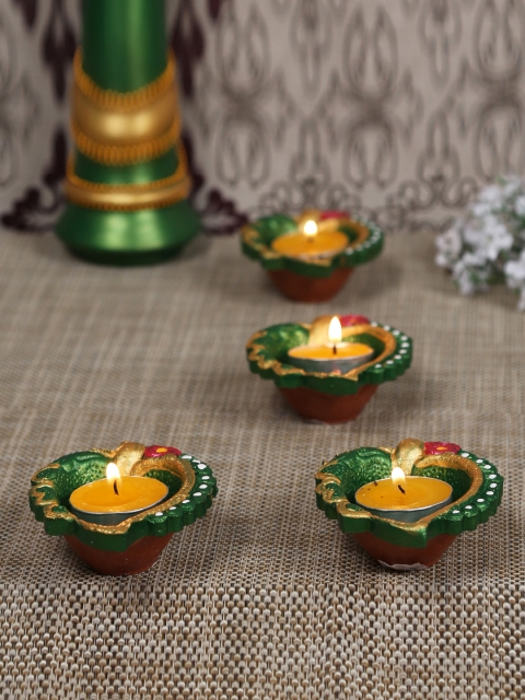 

Aapno Rajasthan Set of 4 Green Hand-Painted Diwali Diya