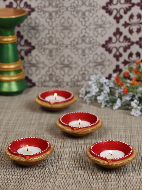

Aapno Rajasthan Red Set of 4 Hand-Painted Diwali Diya