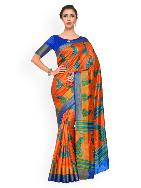

KUPINDA Women Rust Art Silk Printed Ikat Saree