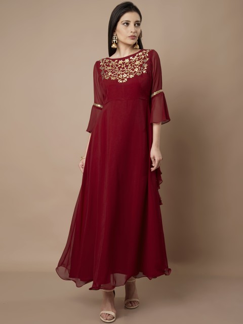 

INDYA Women Maroon Silk Solid Maxi Dress