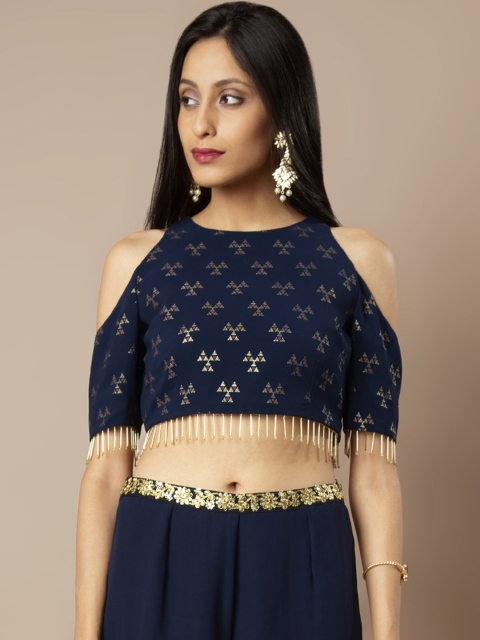 

INDYA Women Navy Blue Printed Crop Top