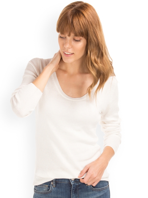 

GAP Women White Ribbed Scoop Pullover