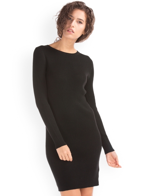 

GAP Women Black Ribbed Long Sleeve Dress