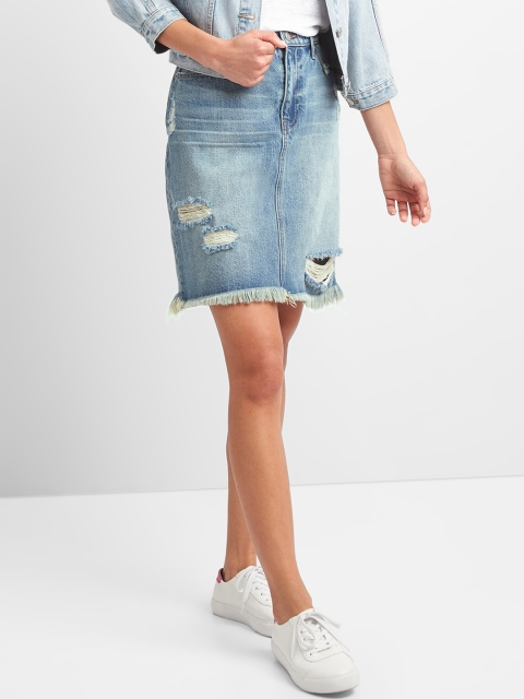 

GAP Women Blue Five Pocket Denim Pencil Pure Cotton Skirt In Distressed