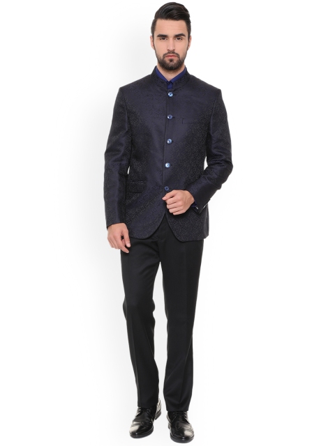 

Van Heusen Men Navy Blue & Black Self-Design Slim Fit Bandhgala Suit