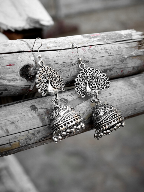 

ZeroKaata Silver-Toned Peacock Shaped Jhumkas