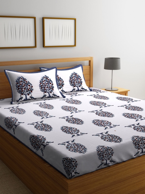 

Rajasthan Decor White & Blue Floral Flat 180 TC Cotton 1 King Bedsheet with 2 Pillow Covers