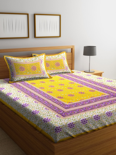 

Rajasthan Decor Yellow & Purple Floral Flat 144 TC Cotton 1 King Bedsheet with 2 Pillow Covers