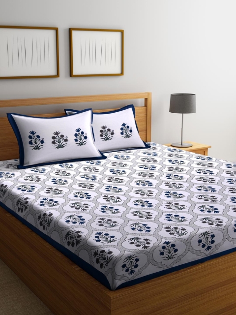 

Rajasthan Decor White & Blue Floral Flat 180 TC Cotton 1 King Bedsheet with 2 Pillow Covers