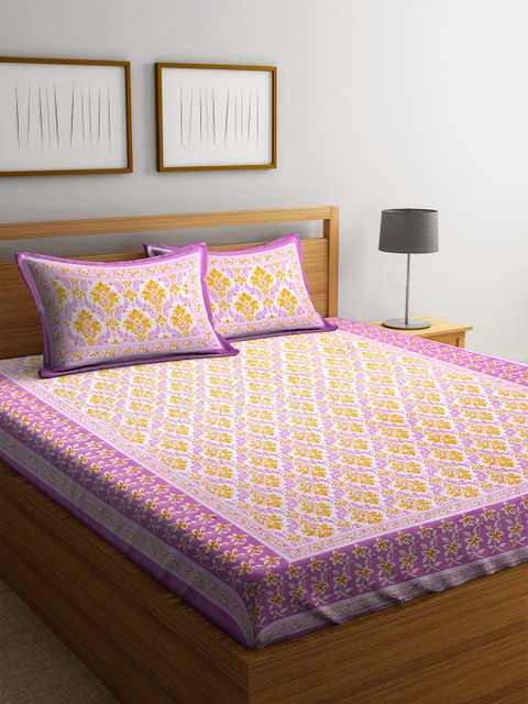 

Rajasthan Decor Lavender & Yellow Ethnic Motifs Flat 144 TC Cotton 1 King Bedsheet with 2 Pillow Covers