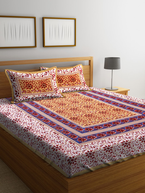 

Rajasthan Decor Multicoloured Floral Flat 144 TC Cotton 1 King Bedsheet with 2 Pillow Covers, Multi
