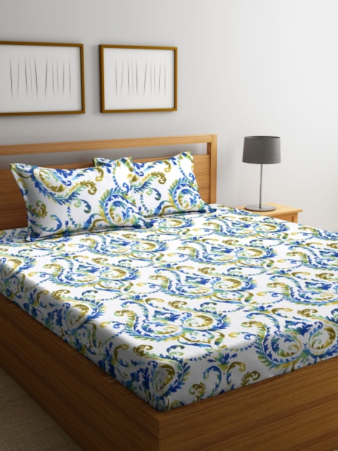 

Home Sizzler Blue & White Ethnic Motifs Flat 180 TC Cotton 1 Queen Bedsheet with 2 Pillow Covers