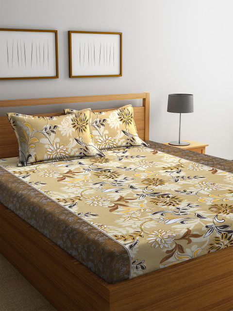 

Home Sizzler Yellow Floral Flat 144 TC Cotton 1 Double Bedsheet with 2 Pillow Covers